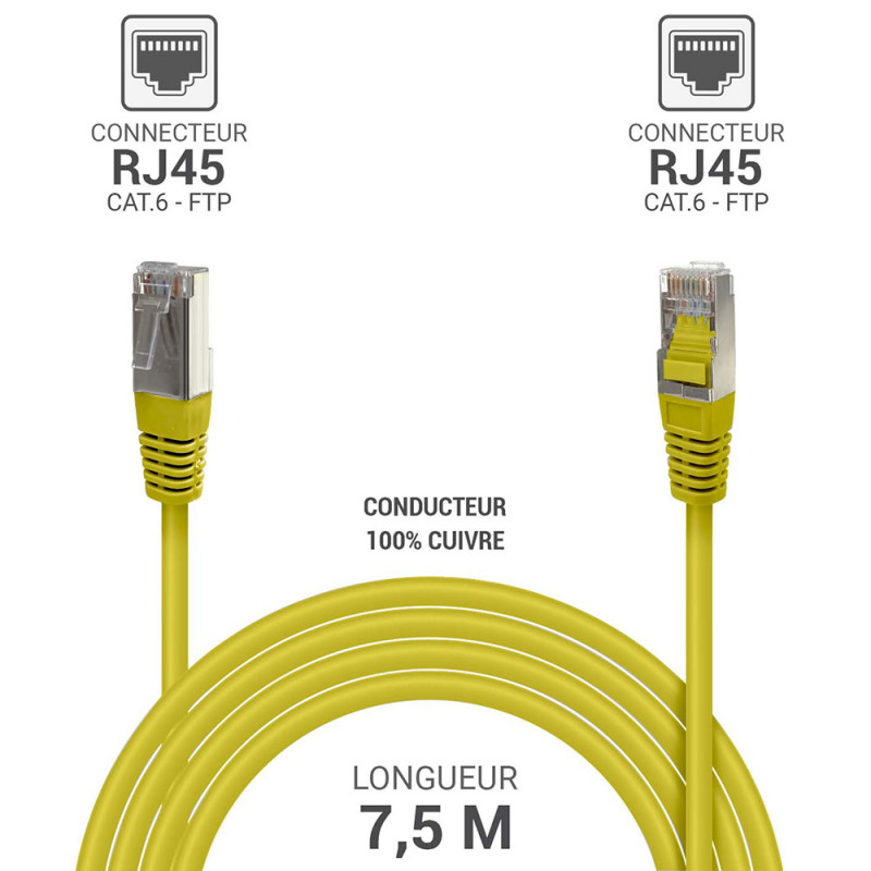 Câble réseau RJ45 Cat. 6 100% cuivre blindé FTP jaune 7.50m