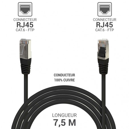 Câble réseau RJ45 Cat. 6 100% cuivre blindé FTP noir 7.50m