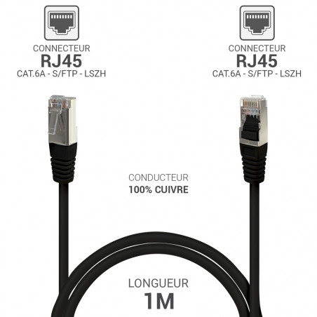 Câble réseau RJ45 Cat. 6a 100% cuivre S/FTP LSOH Noir 1.00m