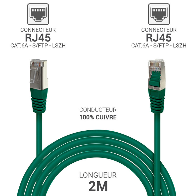 Câble réseau RJ45 Cat. 6a 100% cuivre S/FTP LSOH vert 2.00m