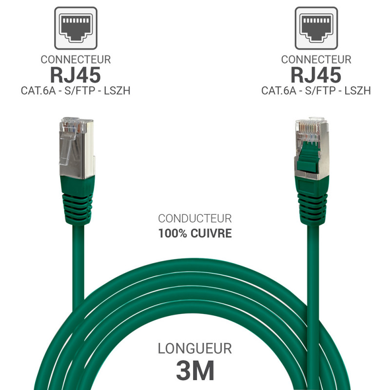 Câble réseau RJ45 Cat. 6a 100% cuivre S/FTP LSOH vert 3.00m