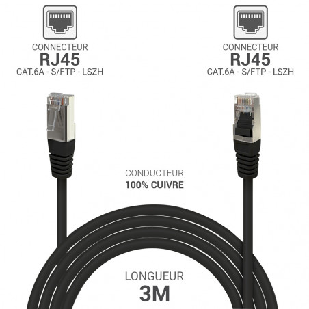 Câble réseau RJ45 Cat. 6a 100% cuivre /FTP LSOH Noir 3.00m