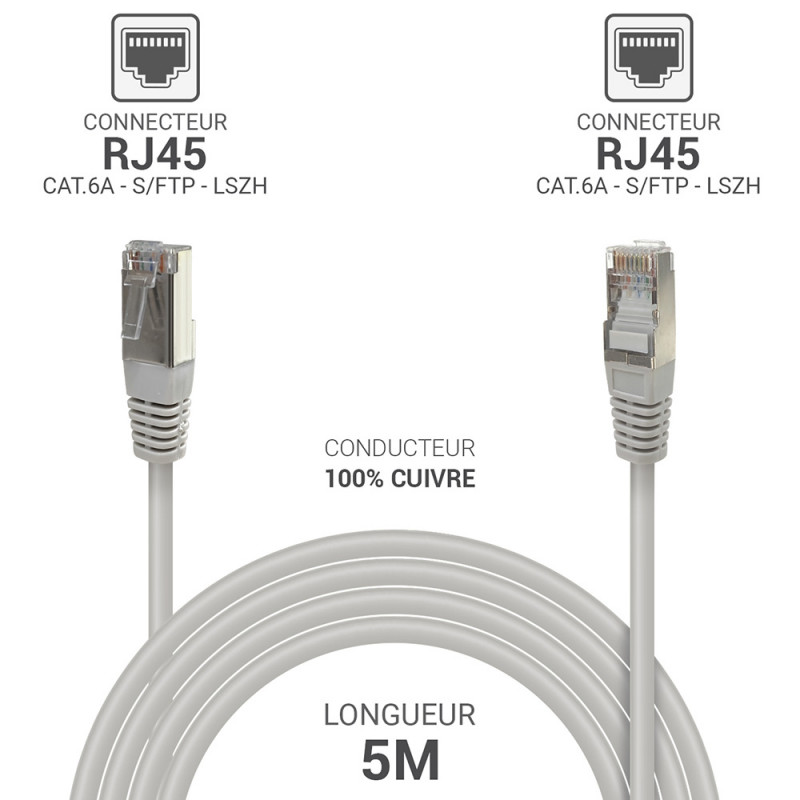 Câble réseau RJ45 Cat. 6a 100% cuivre S/FTP LSOH gris 5.00m