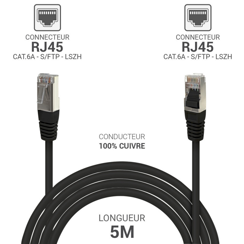 Câble réseau RJ45 Cat. 6a 100% cuivre S/FTP LSOH Noir 5.00m