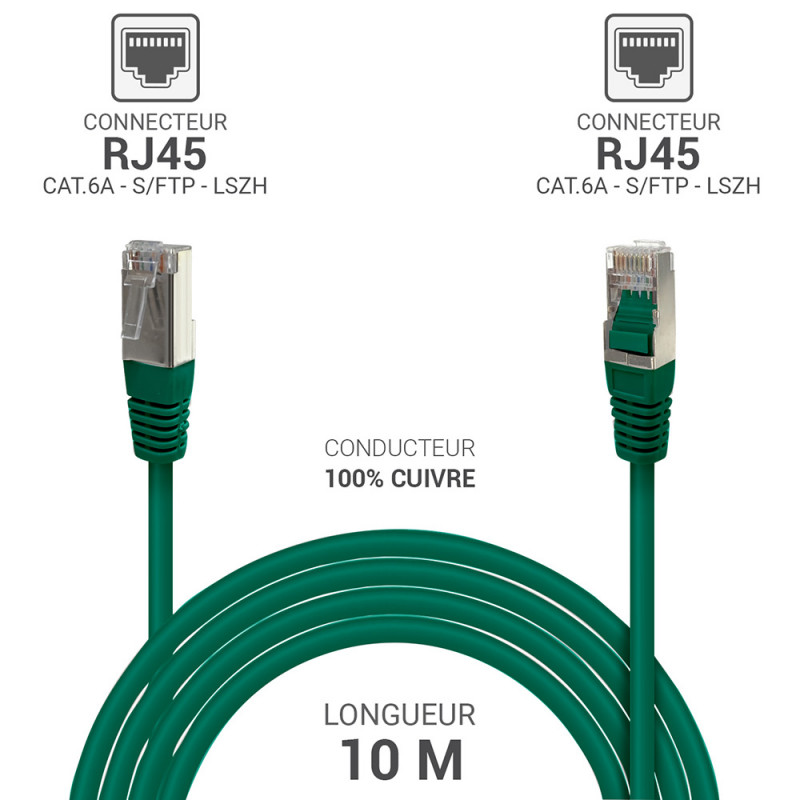 Câble réseau RJ45 Cat. 6a 100% cuivre S/FTP LSOH vert 10.00m