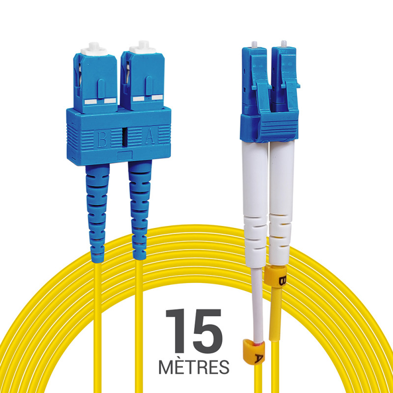 Jarretière optique monomode OS2 9/125 duplex Zipp jaune SC/LC 15.00m