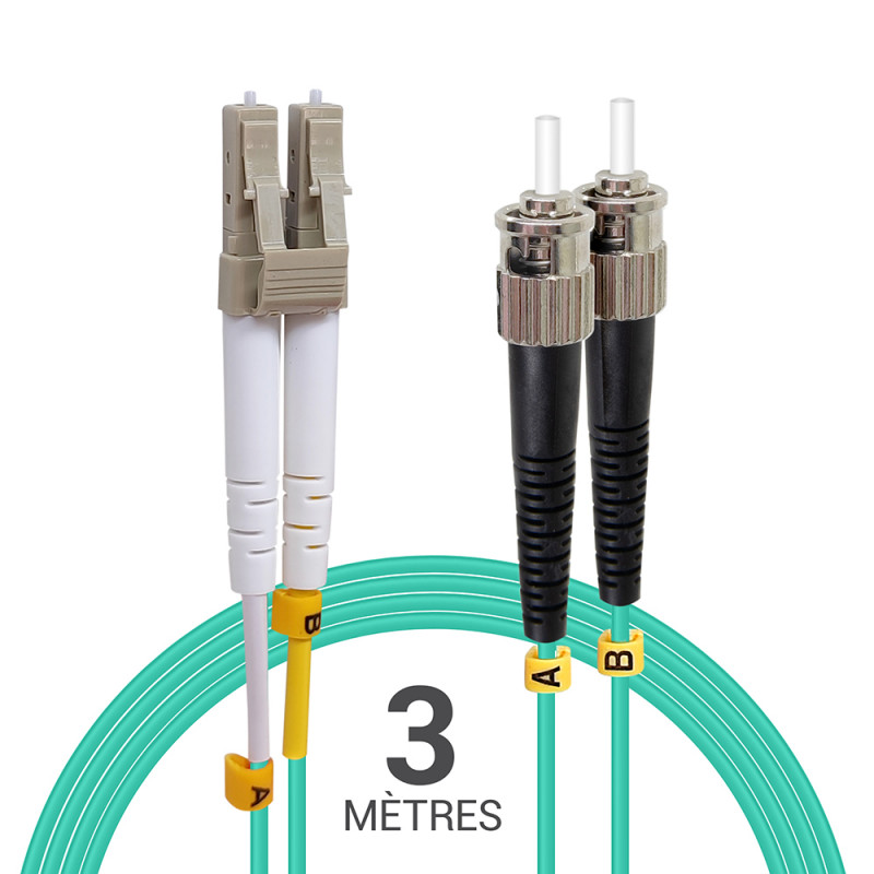 Jarretière opti Multim OM3 50/125 duplex Zipp aqua Turq ST/LC 3.00m