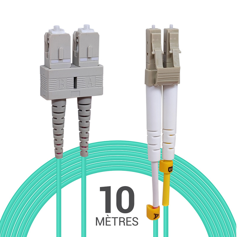Jarretière opti Multim OM3 50/125 duplex Zipp aqua Turq SC/LC 10.00m