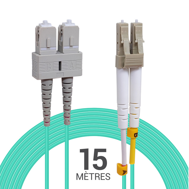 Jarretière opti Multim OM3 50/125 duplex Zipp aqua Turq SC/LC 15.00m