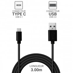 Câble USB C vers USB A Charge et transfert données 3,00m Noir