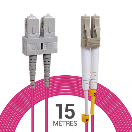 Câble fibre optique 15 m OM4 SC/LC rose 50/125 duplex multimode 