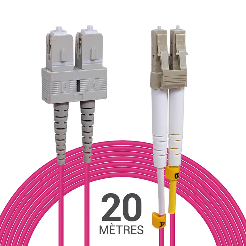 Câble fibre optique 20 m OM4 SC/LC rose 50/125 duplex multimode 