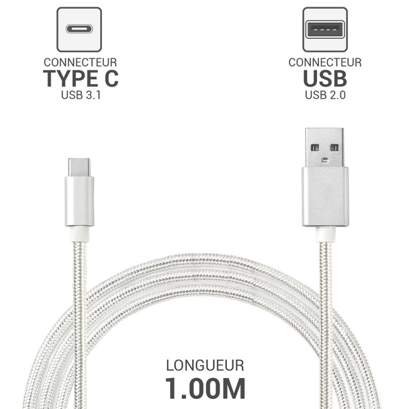 Câble USB-C vers USB Charge et transfert données nylon tressé 1m Blan