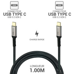 Câble USB C / USBC Charge Rapide 100W transfert 10Gbps nylon Noir