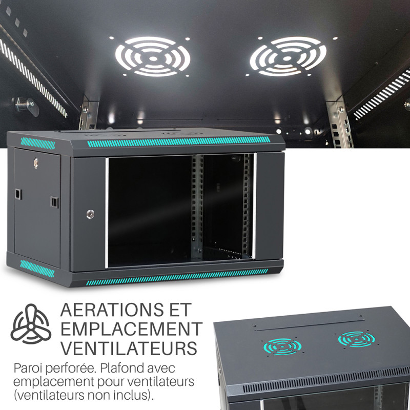 Coffret Mural Rack 6U 19" IP20 - Armoire Réseau 53x40x30 Cm - Porte Verrouillable, Structure Acier - Pour Équipements Informatiques