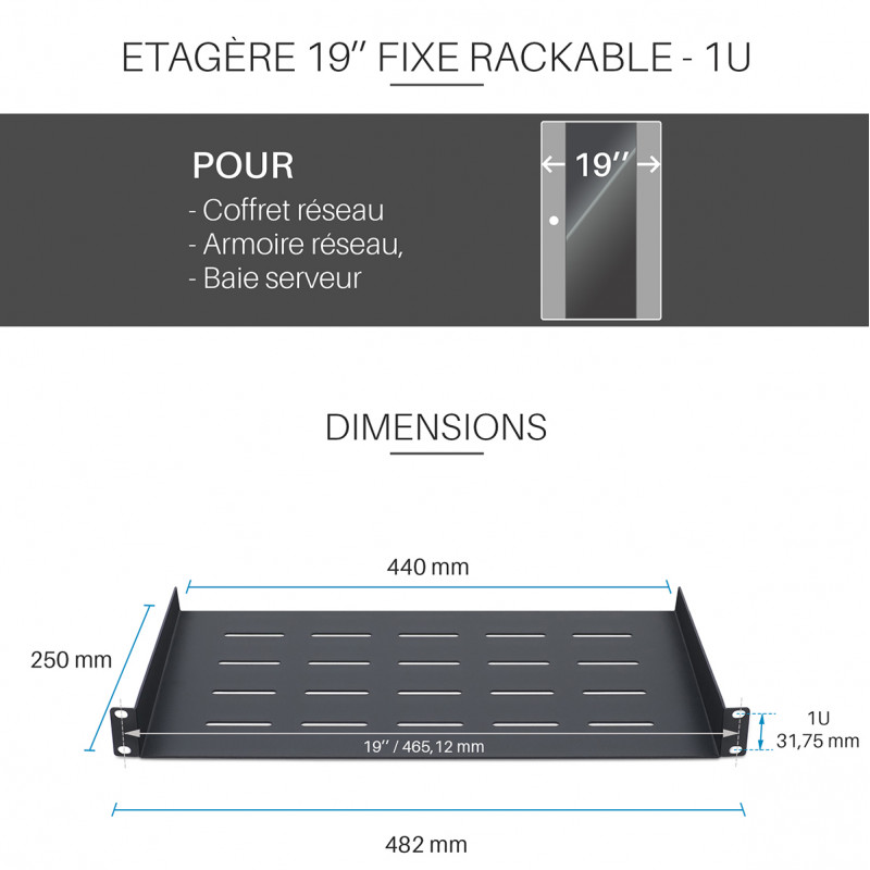 Extralink Étagère Rack Serveur 19 Pouces 1U 250mm - Plateau Cantilever Ventilé Universel