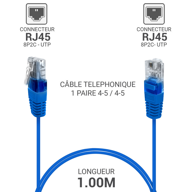 Câble téléphonique RJ45 UTP 1 paire 4/5 Bleu 1,00 m