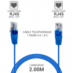 Câble téléphonique RJ45 UTP 1 paire 4/5 Bleu 2,00 m