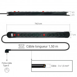 Multiprise parasurtenseur 10 prises avec 2 interrupteurs câble 1,50m