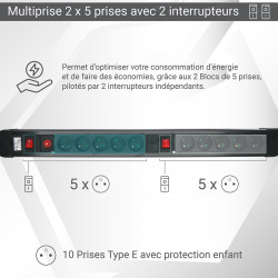 Multiprise parasurtenseur 10 prises avec 2 interrupteurs câble 1,50m