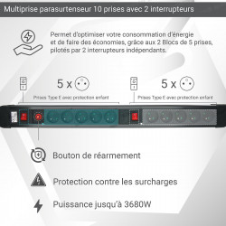 Multiprise parasurtenseur 10 prises avec 2 interrupteurs câble 1,50m