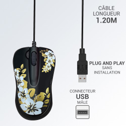 Mini Souris filaire rétractable USB 4 boutons originale décor fleurs
