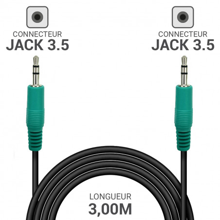 Câble Audio Jack 3.5 mm Auxiliaire Mâle vers Mâle Haute Qualité 3,00m