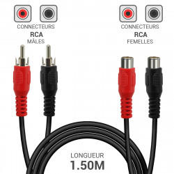 Rallonge RCA audio 2 RCA mâles vers 2 RCA femelles longueur 1,50m