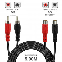 Rallonge RCA audio 2 RCA mâles vers 2 RCA femelles longueur 5,00m