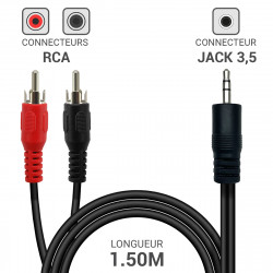 Câble audio jack 3,5mm vers 2 RCA mâles stéréo Longueur 1,50m