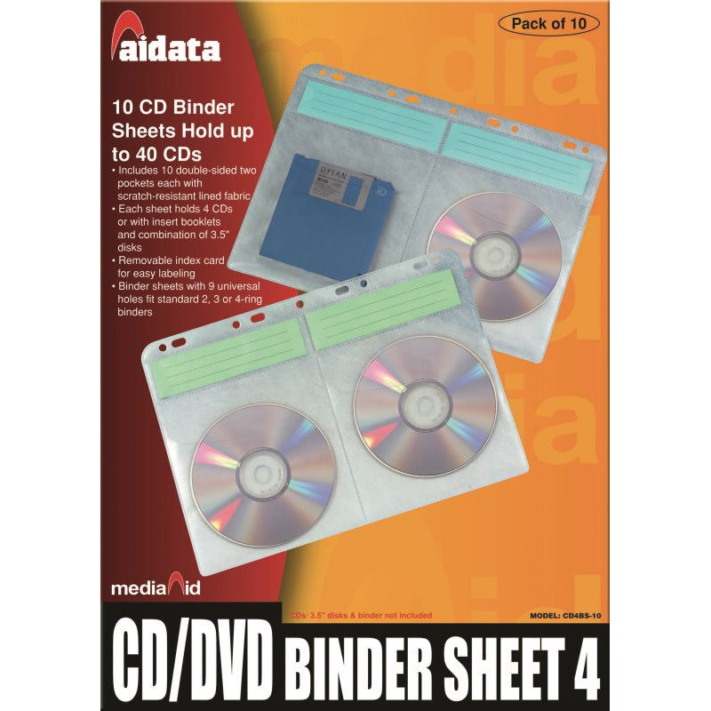 Jeu 10 Pochettes A4 pour 4 CD/DVD avec étiquette index pour classeurs