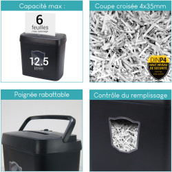 Destructeur de Documents Coupe Croisée 6 Feuilles Bac 12,5L