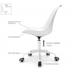 Chaise de bureau scandinave blanche, roulettes, hauteur réglable et pivotant