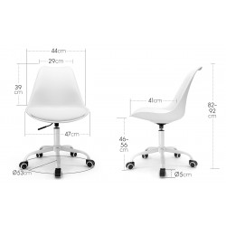 dimensions de la chaise de bureau scandinave blanche, hauteur totale de 82 à 92 cm, diamètre du pied 55 cm