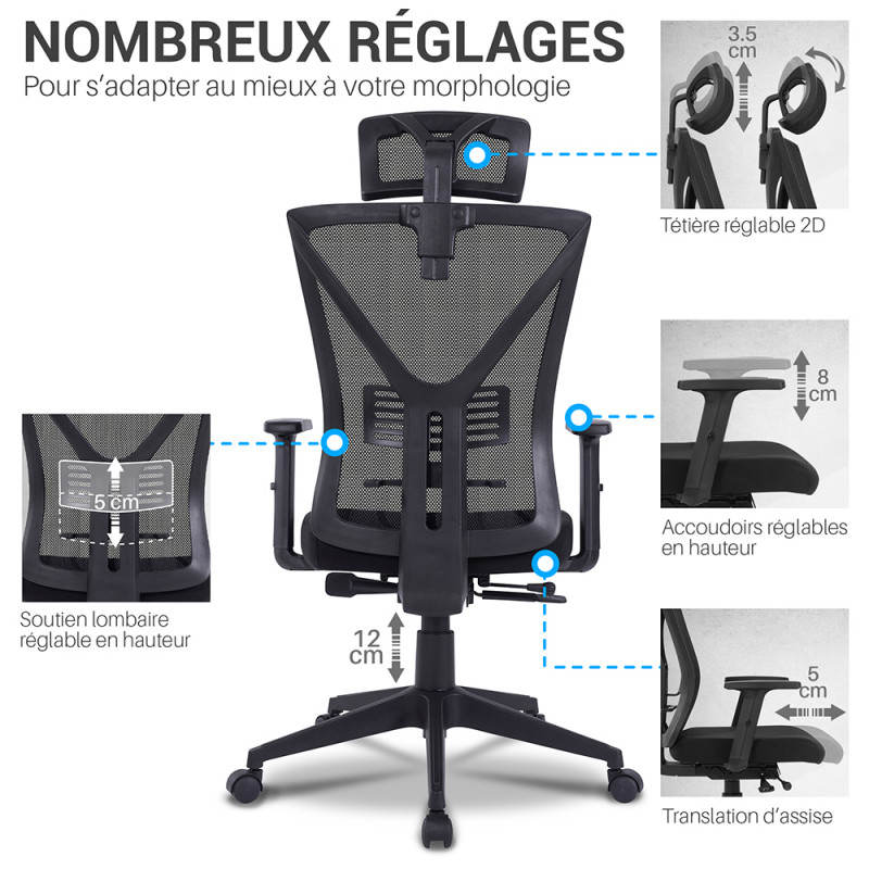 Fauteuil De Bureau Ergonomique Xmifer Noir - Support Lombaire, Accoudoirs, Appuie-tête