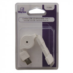 Cordon rétract Univ Mini+MicroUSB/iPhone 4 à USB blanc 0.8m blister