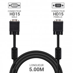 Cordon HD15 VGA VGA M / F avec ferrites 3 Coax 5,00 m