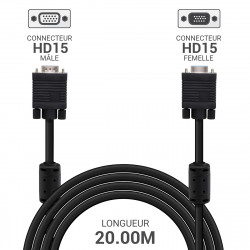 Cordon HD15 VGA VGA M / F avec ferrites 3 Coax 20,00 m