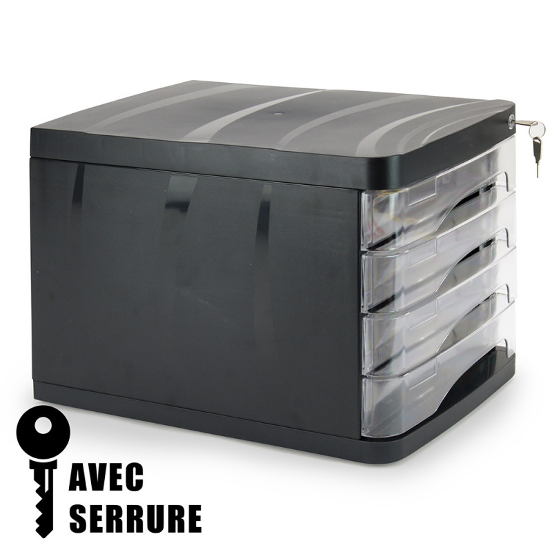 Bloc de classement avec serrure 4 tiroirs en PVC pour doc A4 - noir