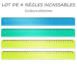 Lot 4 Règles 30 cm plates incassables flexibles Couleurs aléatoires