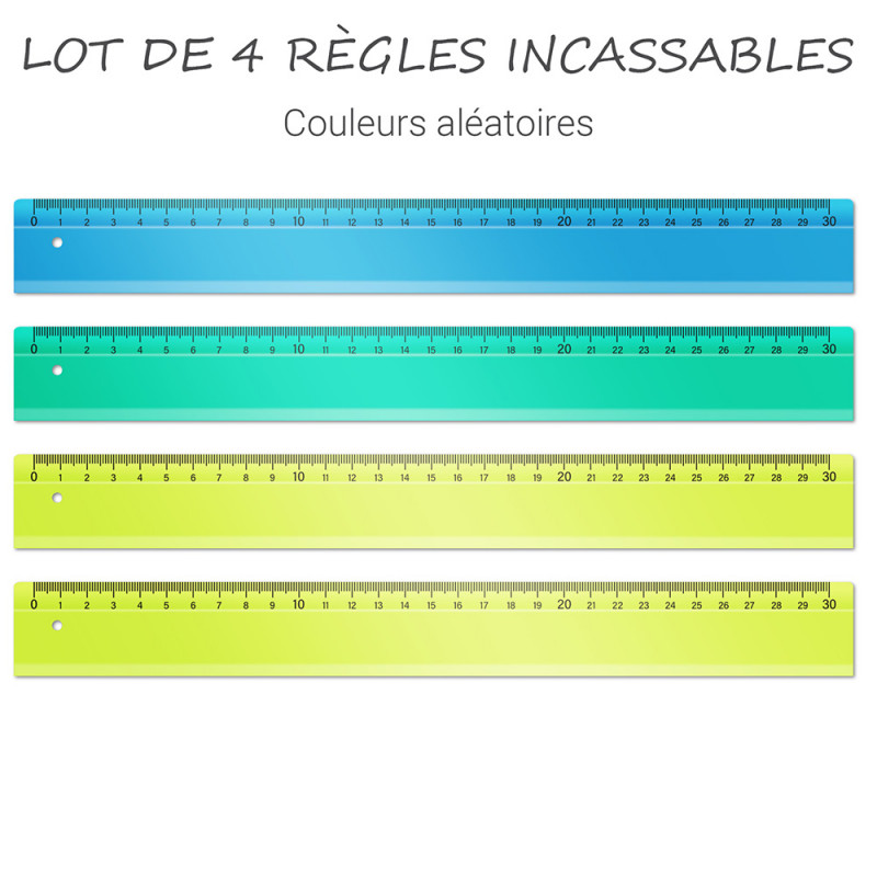 Pack De 4 Règles En Plastique 30 Cm - Multicolores, Avec Trous Pour Classeur, Idéales école Et Bureau