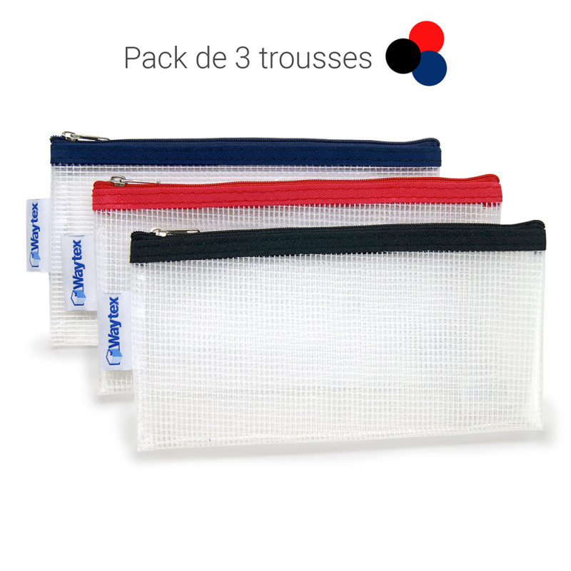 Trousses pochettes Eva zippé 11 x 22 cm bordure Assortie PACK de 3