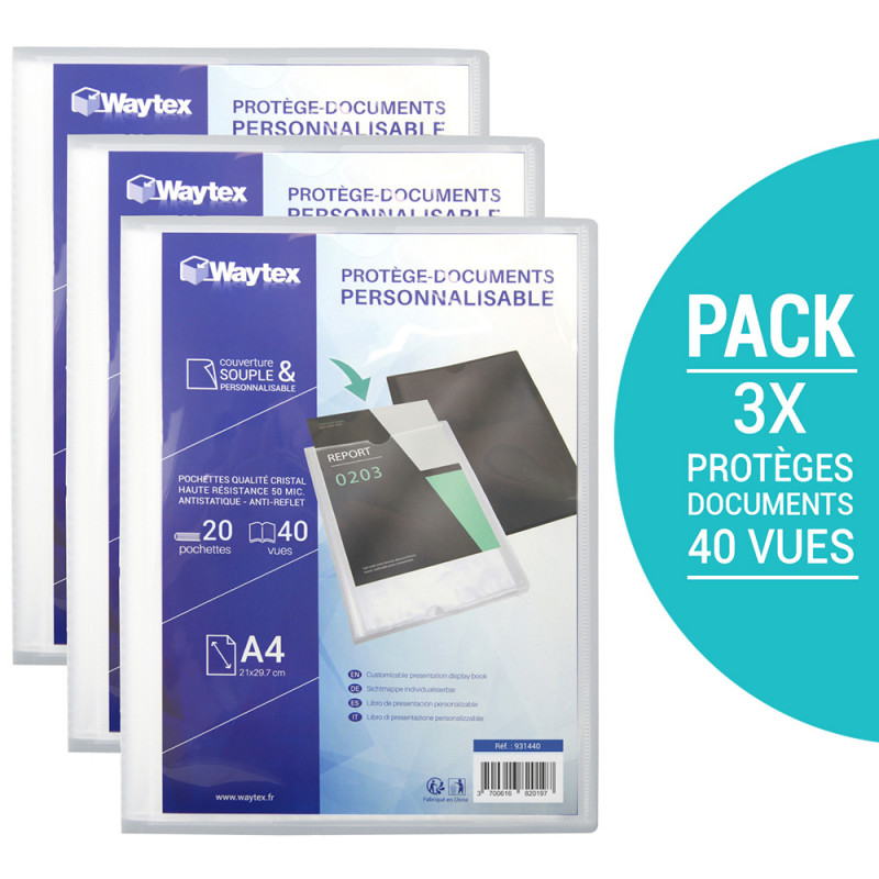 Lot 3 Porte vues A4 Personnalisables 40 Vues Polypro Transparent