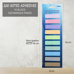 200 Marque-pages adhésifs plastiques couleur pastel 10 blocs 45 x12mm