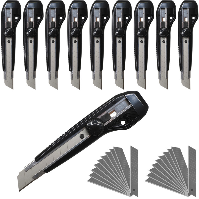 Pack 10 cutters 18mm à molette + 40 lames de rechange