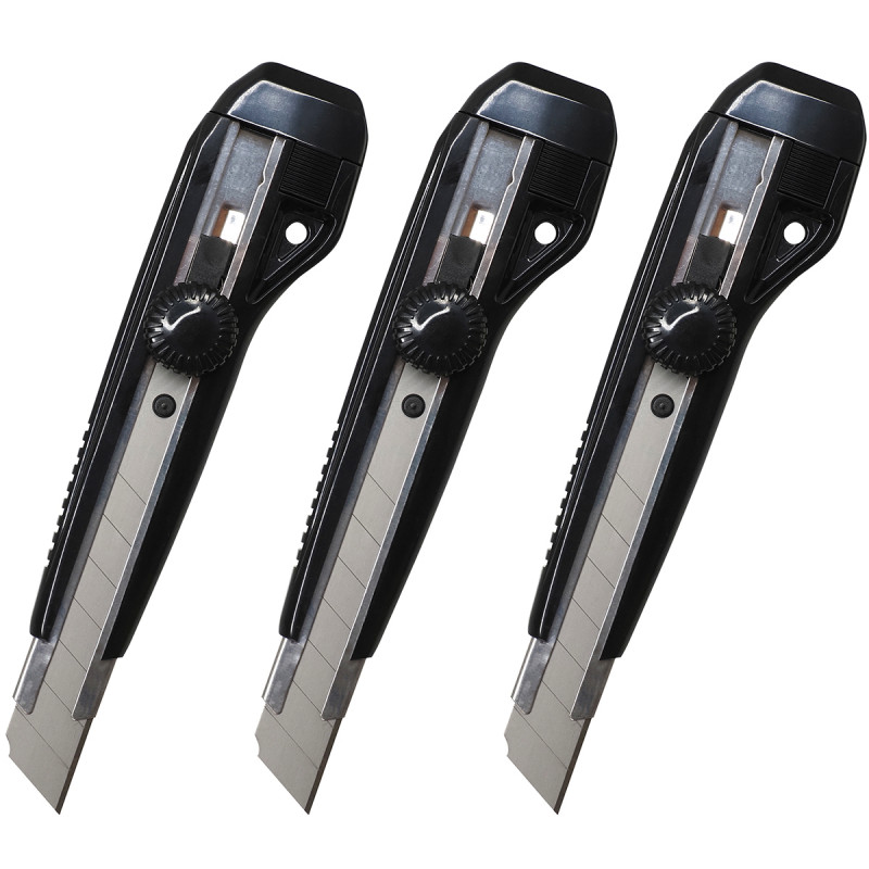 Pack 3 cutters 18mm à molette guide lame métal et 9 lames incluses
