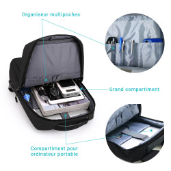Sac à Dos Urbain 15,6 Pouces Polyester Oxford Multipoches USB Noir