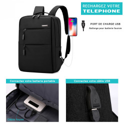 Sac à Dos Urbain 15,6 Pouces Polyester Oxford Multipoches USB Noir