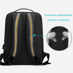 Sac à Dos Urbain 15,6 Pouces Polyester Oxford Multipoches USB Noir