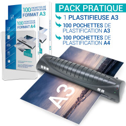 Plastifieuse Pro A3 jusqu’à 2x125 mic avec 200 poch. (100 A4 +100 A3